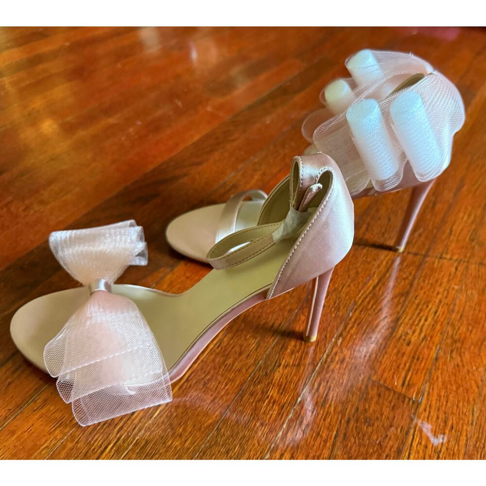 NWT Coutgo Light Satin Pink Mesh Bow Knot womens high heeled Strappy sandals 9M - Picture 9 of 10
